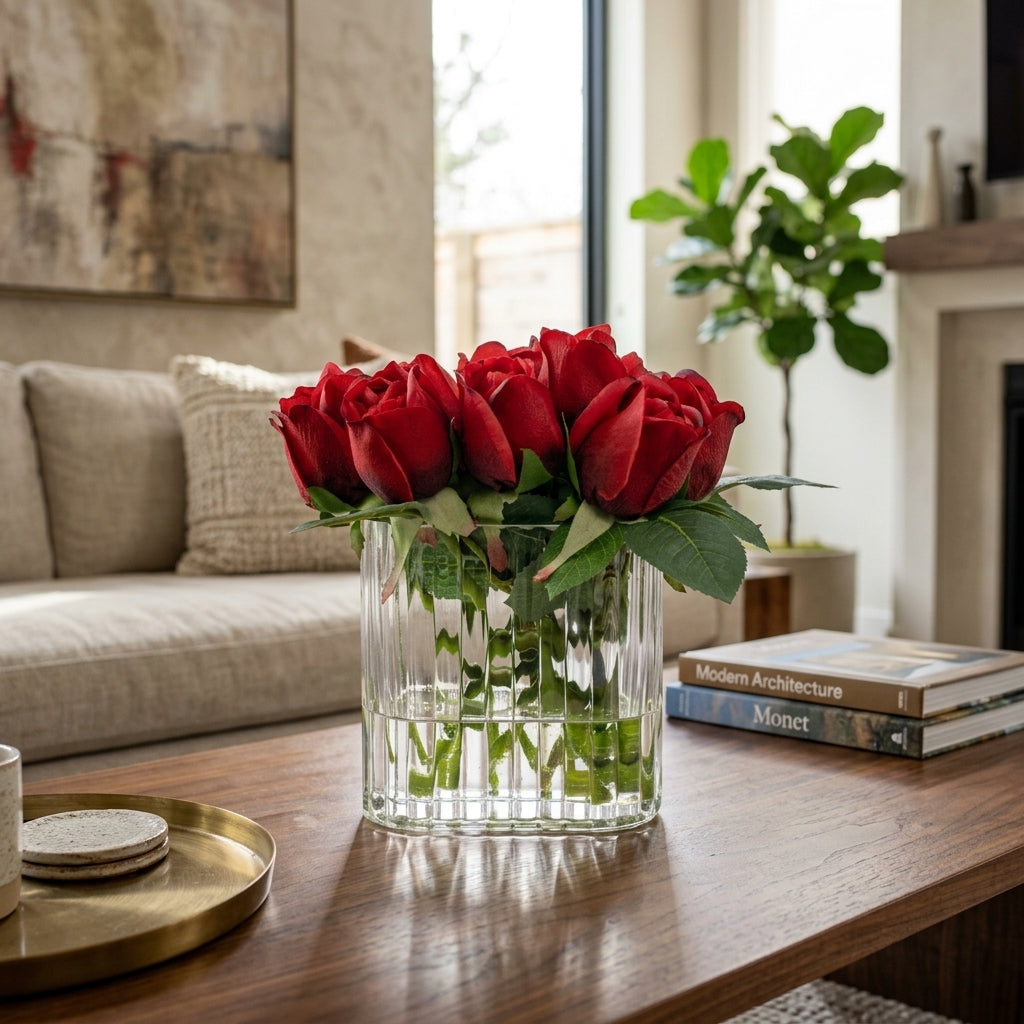 23cm Faux Rose Bud Arrangement - Red