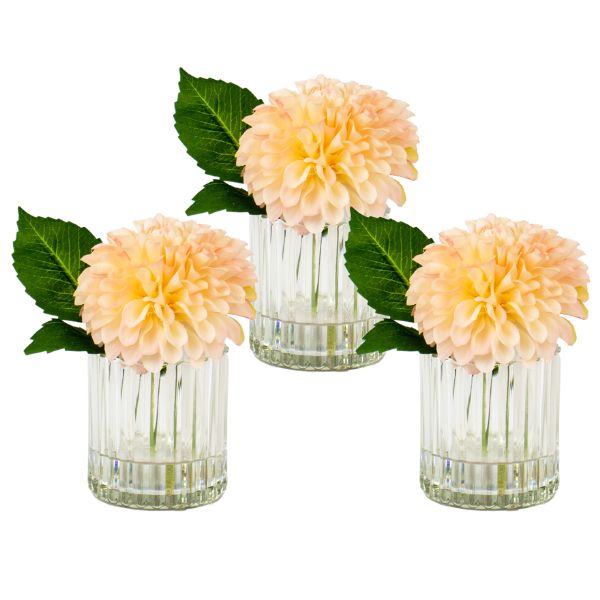 set of 3 plastic flower arrangements in ribbed glass vase