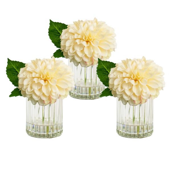 set of 3 plastic flower arrangements in ribbed glass vase