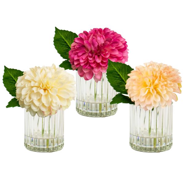set of 3 plastic flower arrangements in ribbed glass vase