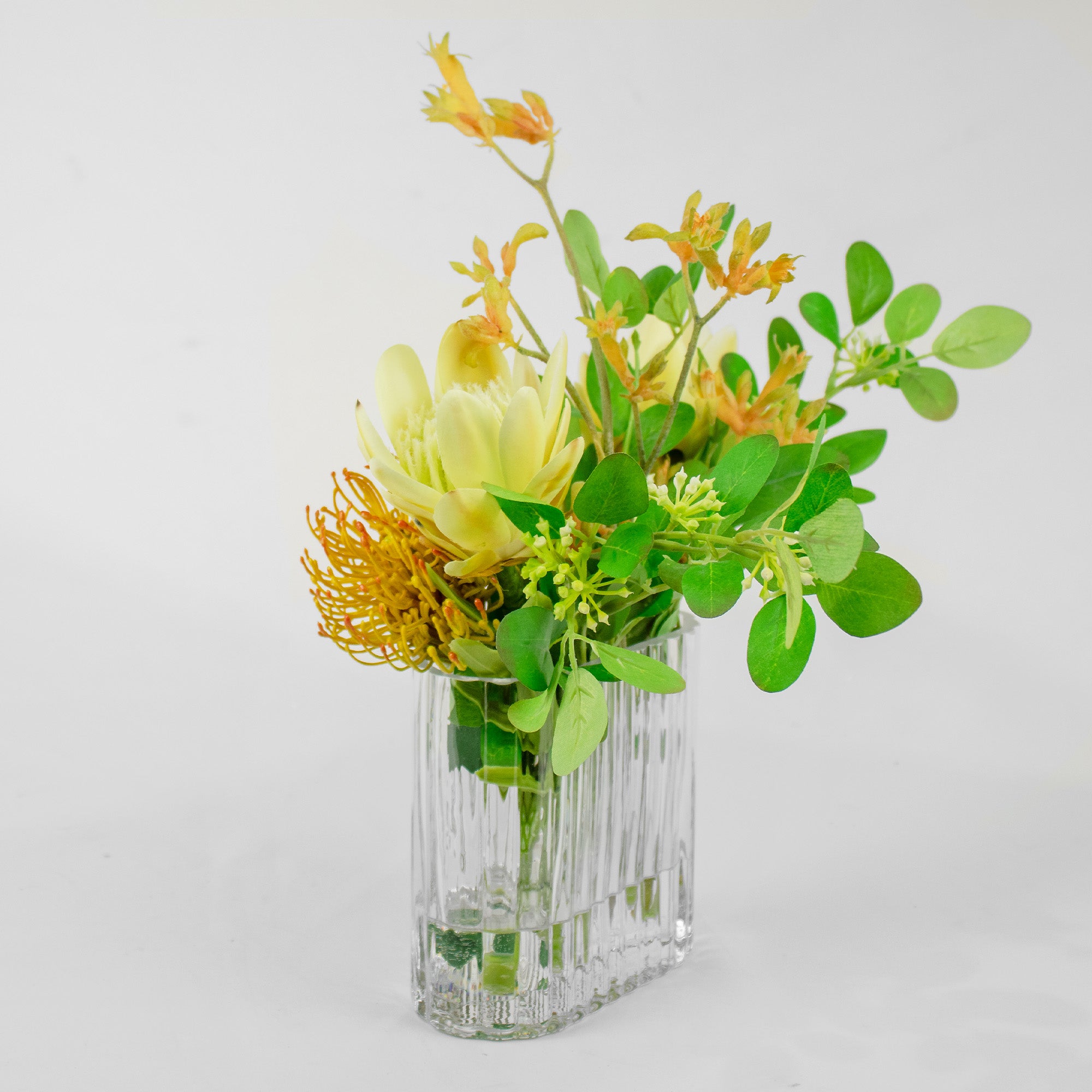 38cm Faux Yellow Protea & Foliage Arrangement