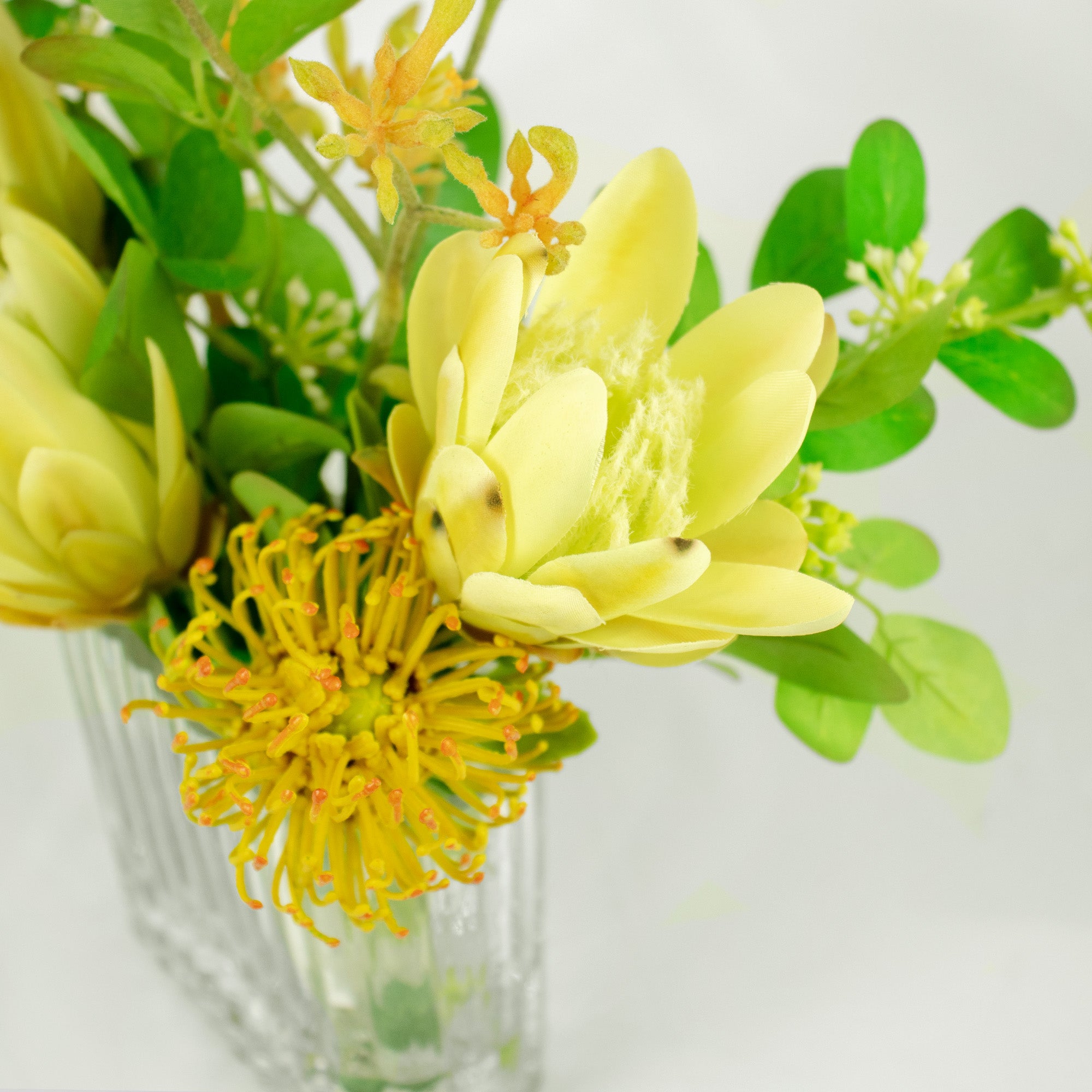 38cm Faux Yellow Protea & Foliage Arrangement
