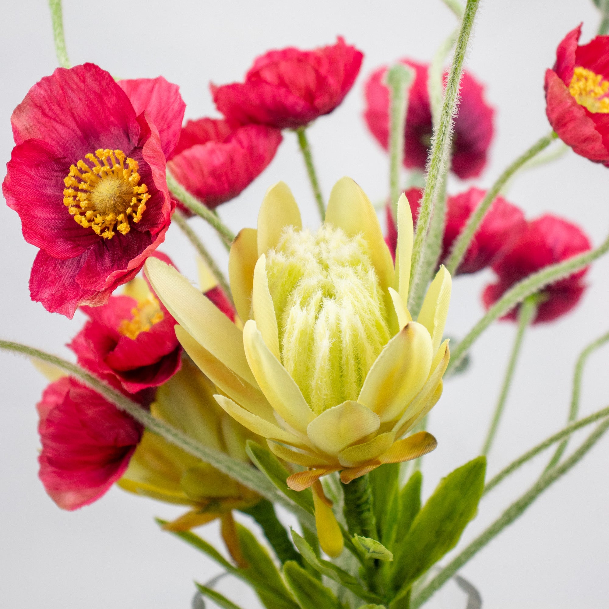 40cm Faux Red Poppy & Protea Arrangement
