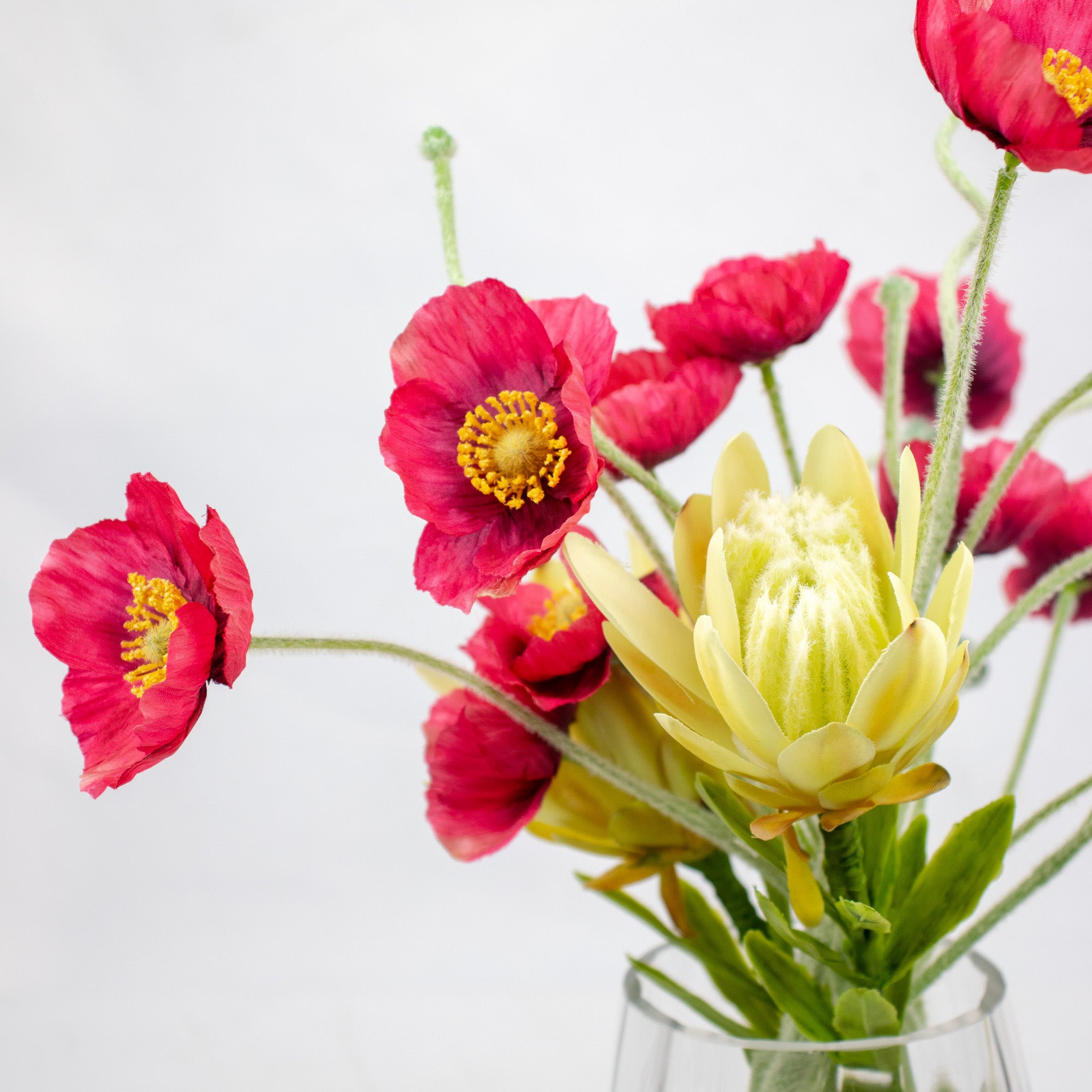 40cm Faux Red Poppy & Protea Arrangement