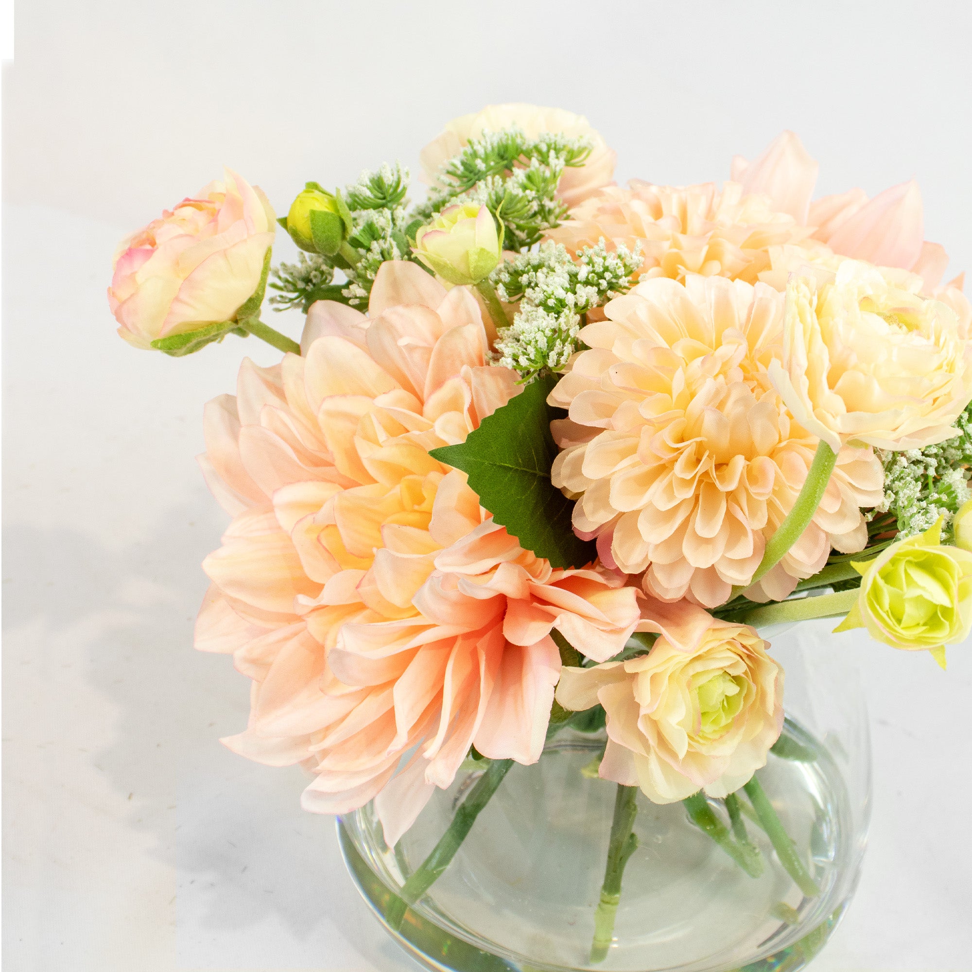 33cm Faux Peach Dahlia, Ranunculus & Mum Arrangement