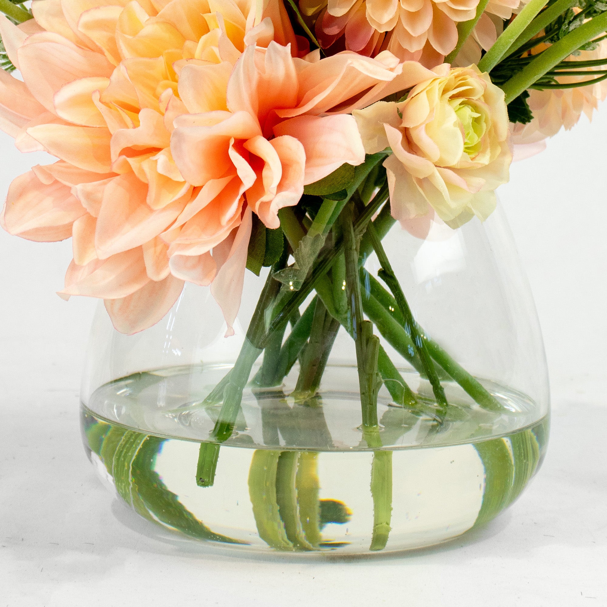 33cm Faux Peach Dahlia, Ranunculus & Mum Arrangement