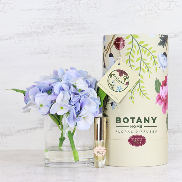 Fake blue hydrangea flower arrangement with floral perfume spray