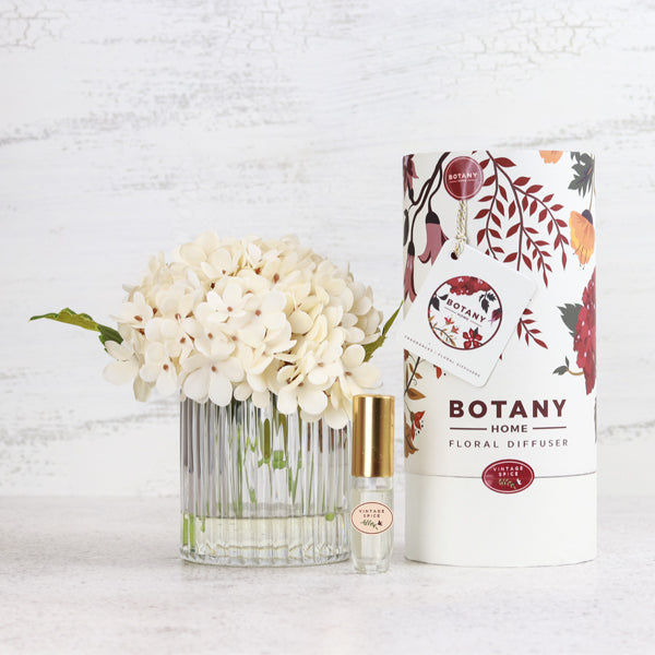 Artificial Hydrangea flower in ribbed glass vase and gift box packaging