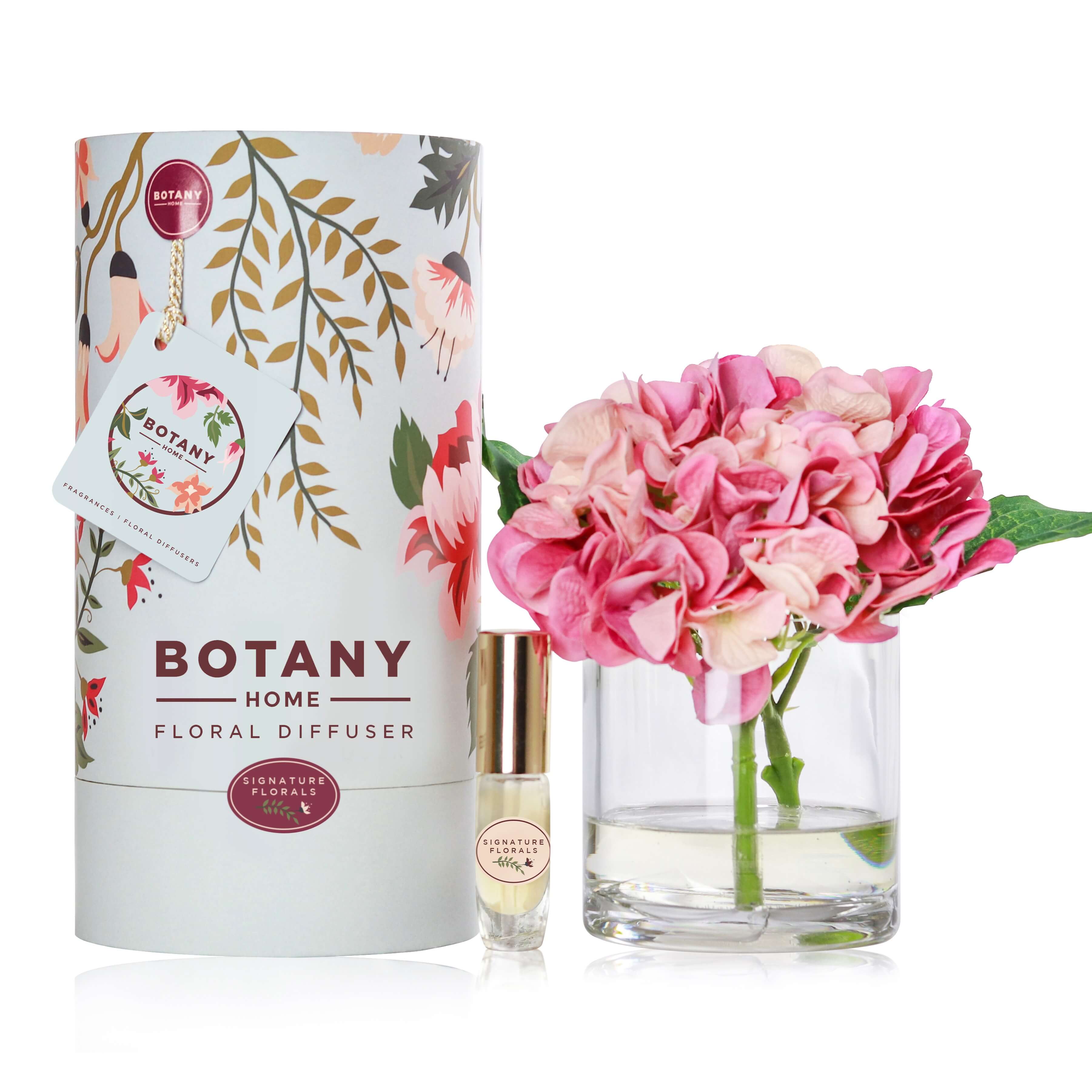An artificial purple hydrangea flower arrangement paired with a floral scent spray