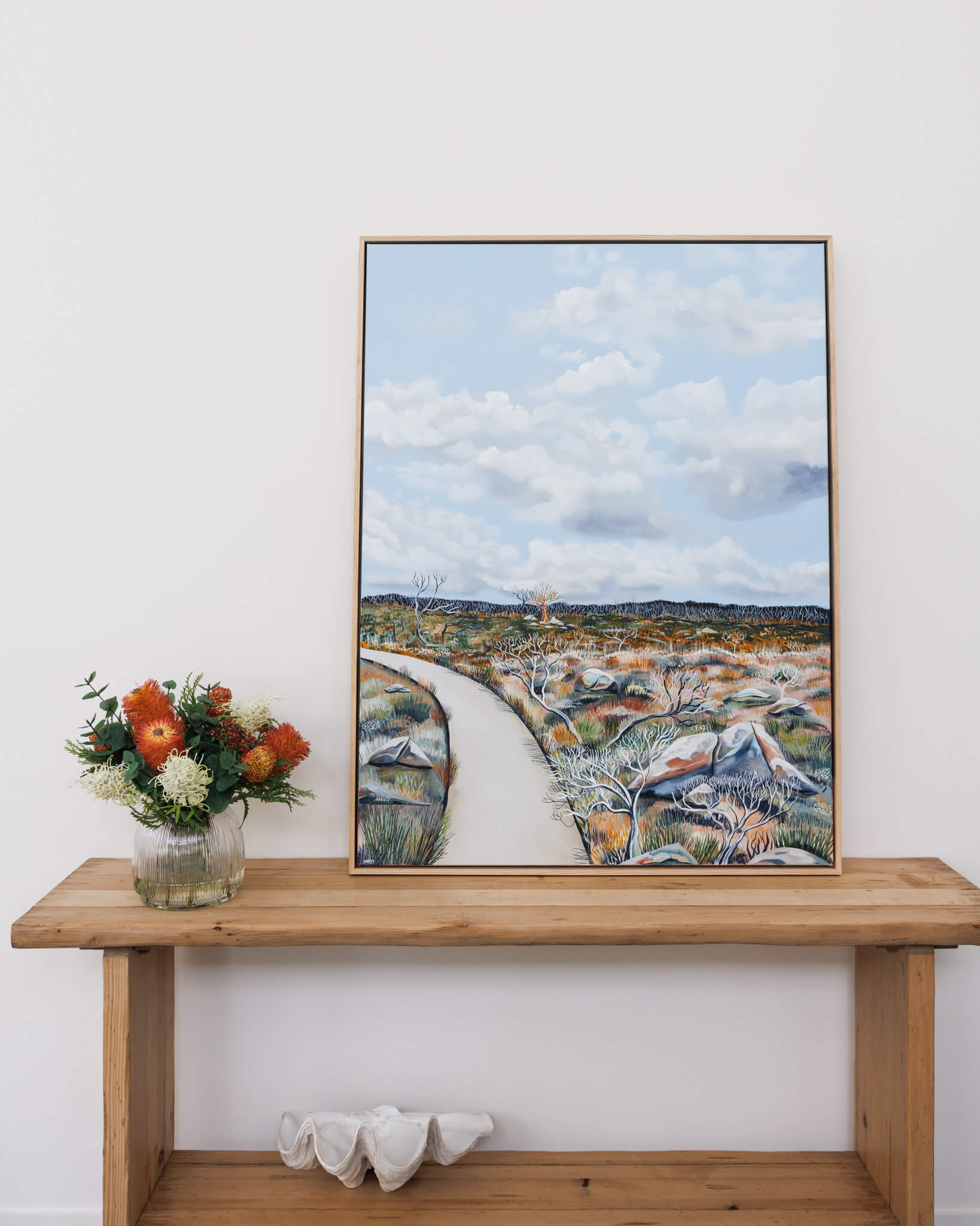 Fake native flower arrangement being used as decorative purposes in a home
