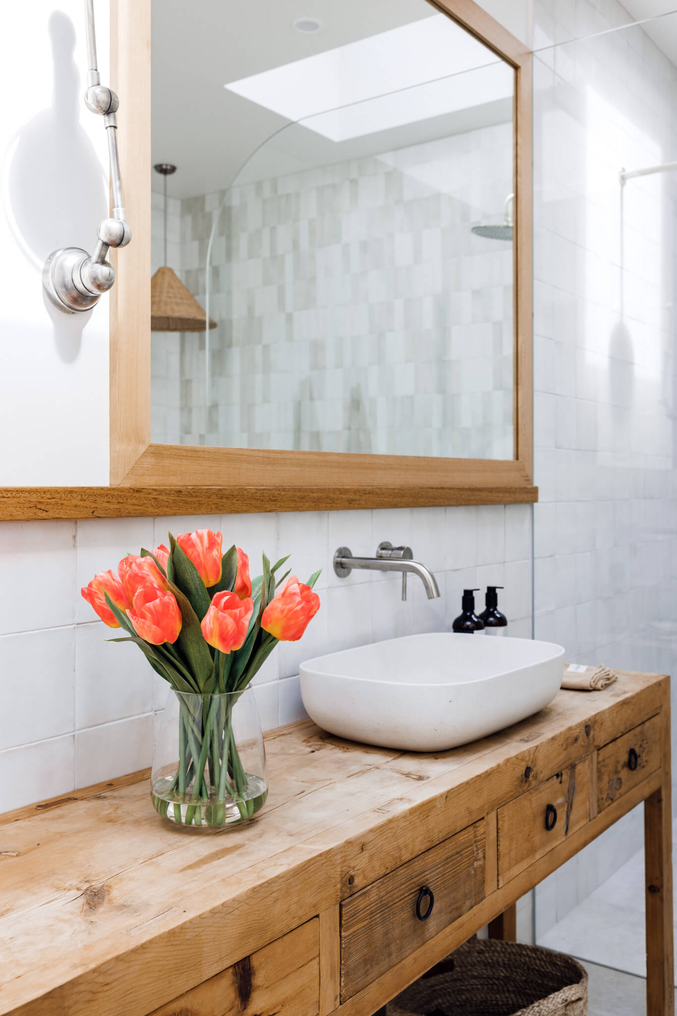 Fake tulip bouquet in a bathroom setting