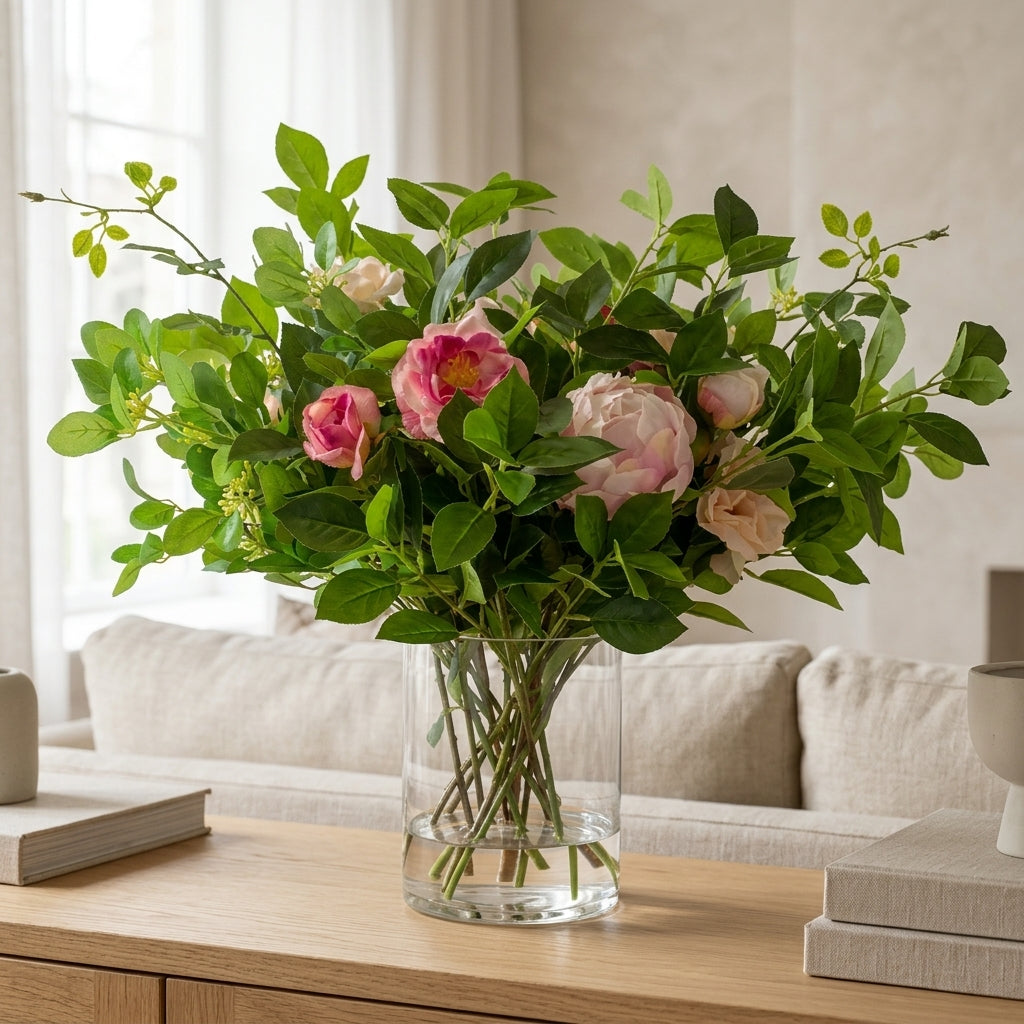 45cm Faux Rose, Peony & Foliage Arrangement