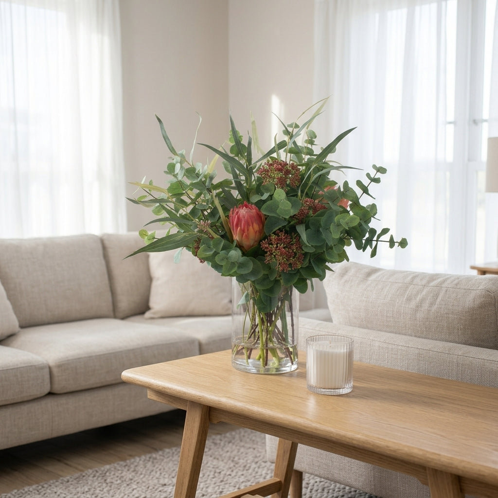 60cm Faux Eucalyptus & Protea Arrangement