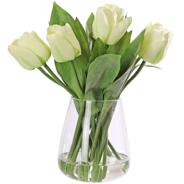 Fake tulip arrangement set in resin in a glass vase