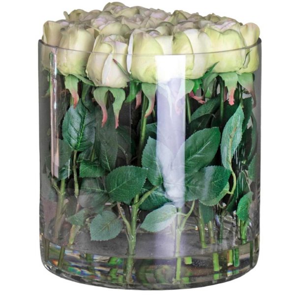 Artificial Mint Rose Arrangement positioned on a bookshelf