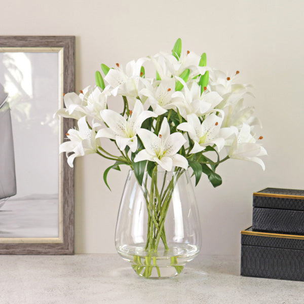 Lifestyle image of a faux white tiger lily bouquet