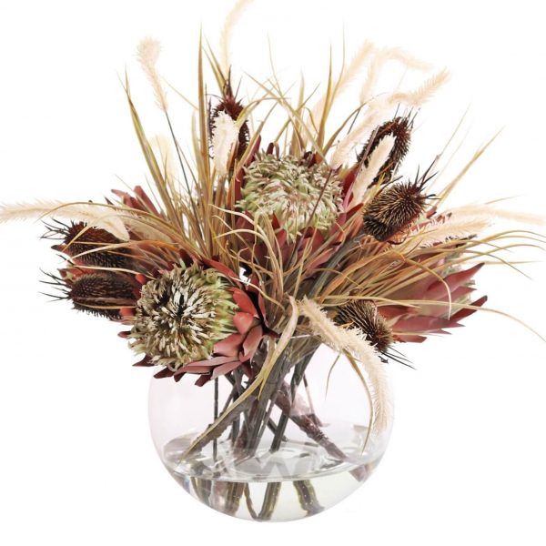 Artificial protea and pampas grass arrangement in vase