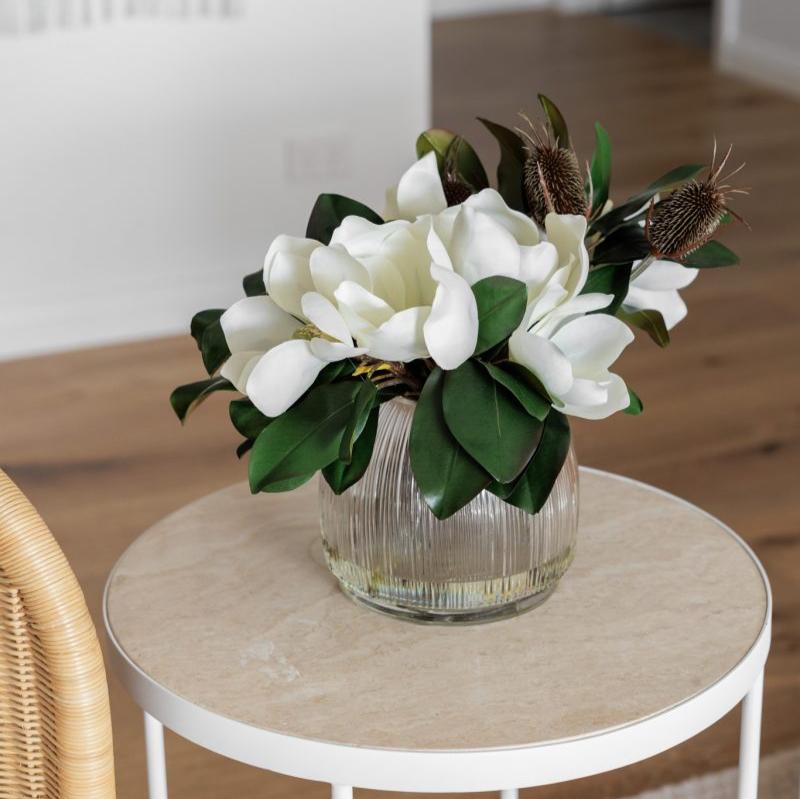Faux magnolia, banksia and leaves bouquet