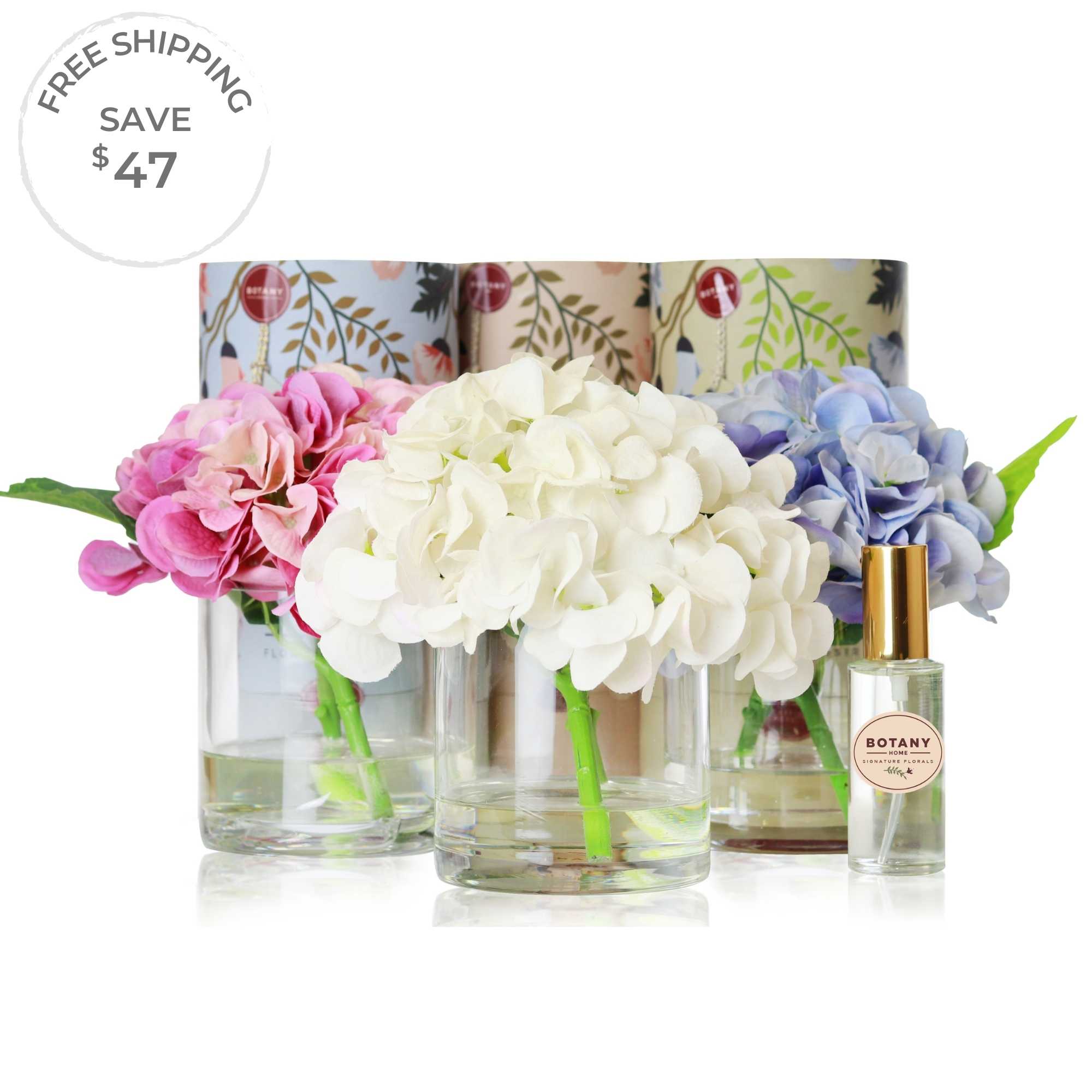 A set of 3 artificial hydrangea arrangements sold as a bundle paired with floral fragrances