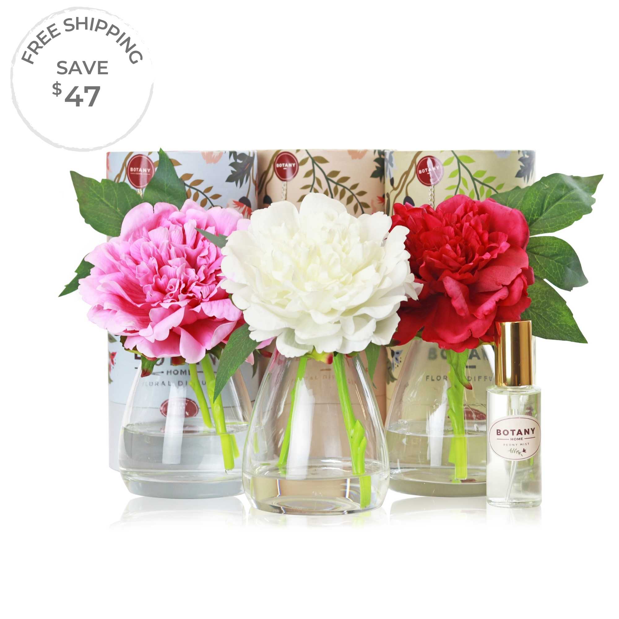 A set of 3 artificial Peony arrangements sold as a bundle paired with floral fragrances