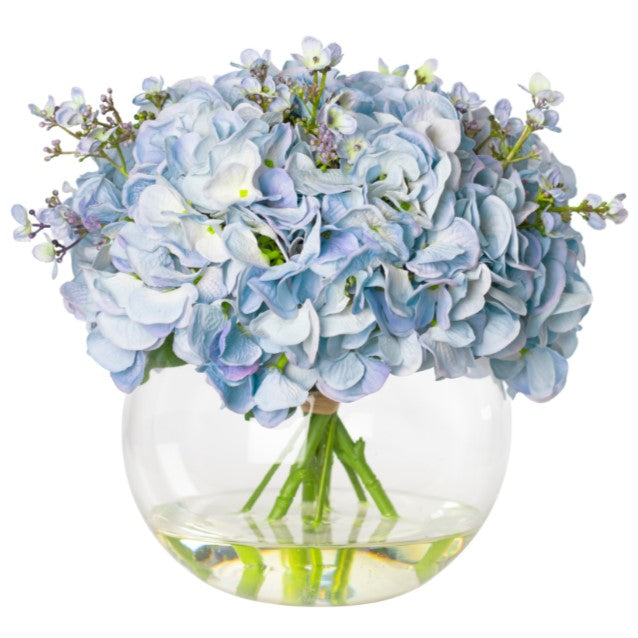 Artificial Silk Blue Hydrangea Arrangement in glass vase