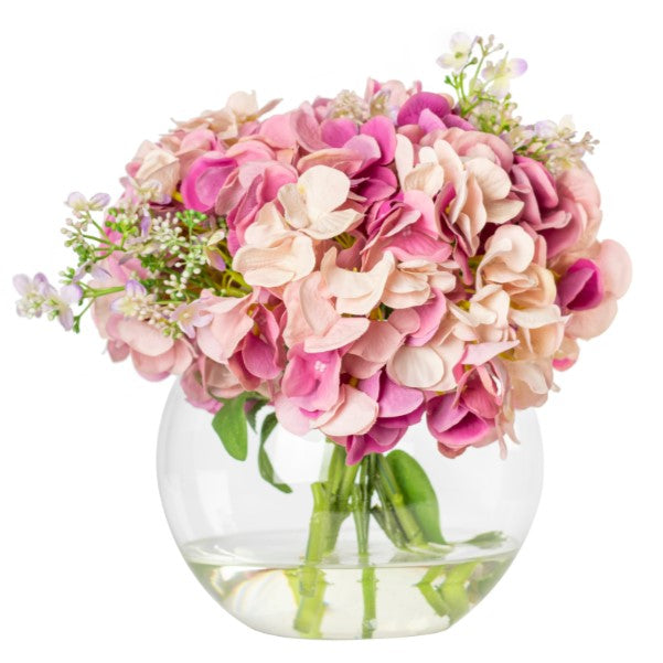 Artificial Silk Dark Pink Hydrangea Arrangement in glass vase 