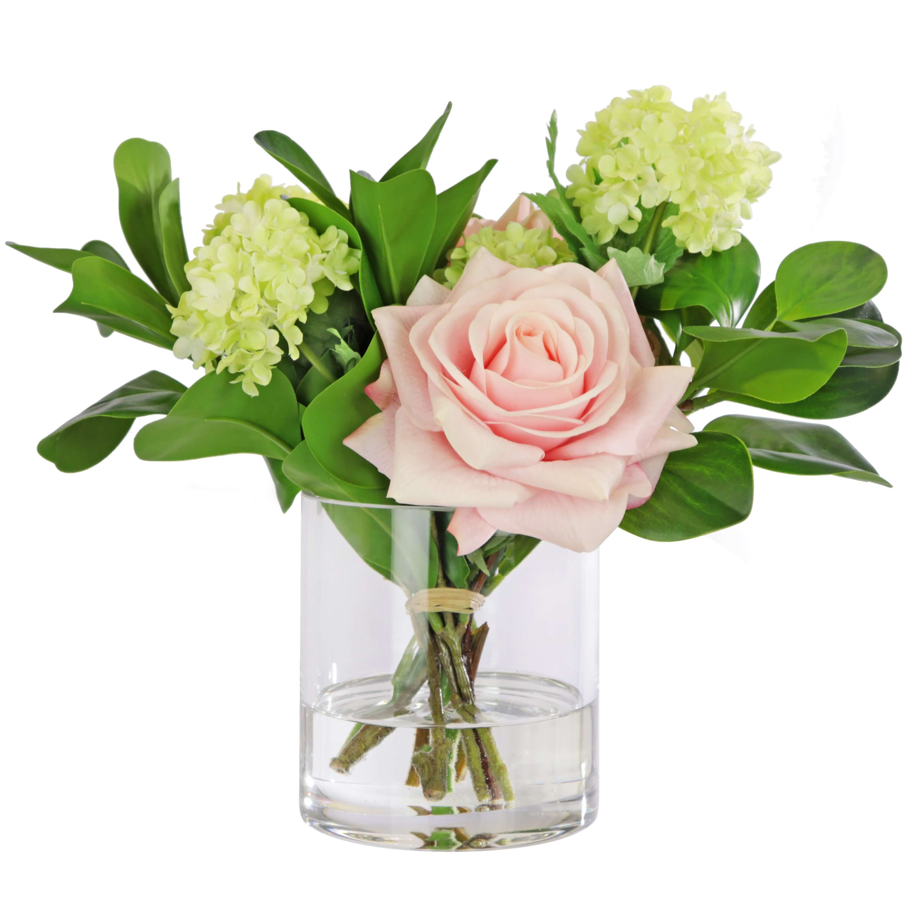 Artificial flower arrangement using roses and faux greenery