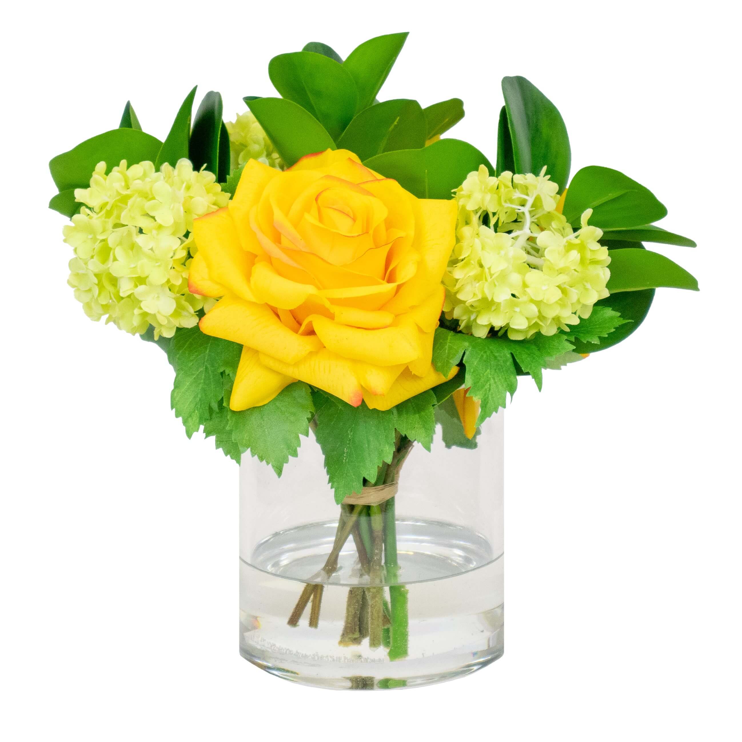 Fake silk flower arrangement in glass vase