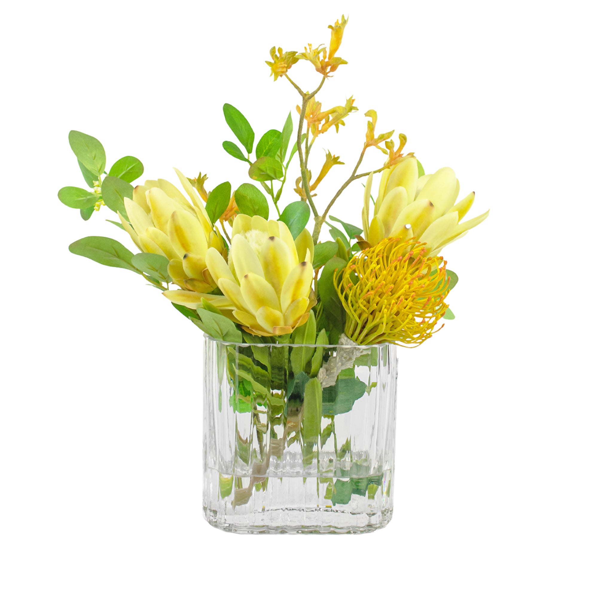 38cm Faux Yellow Protea & Foliage Arrangement