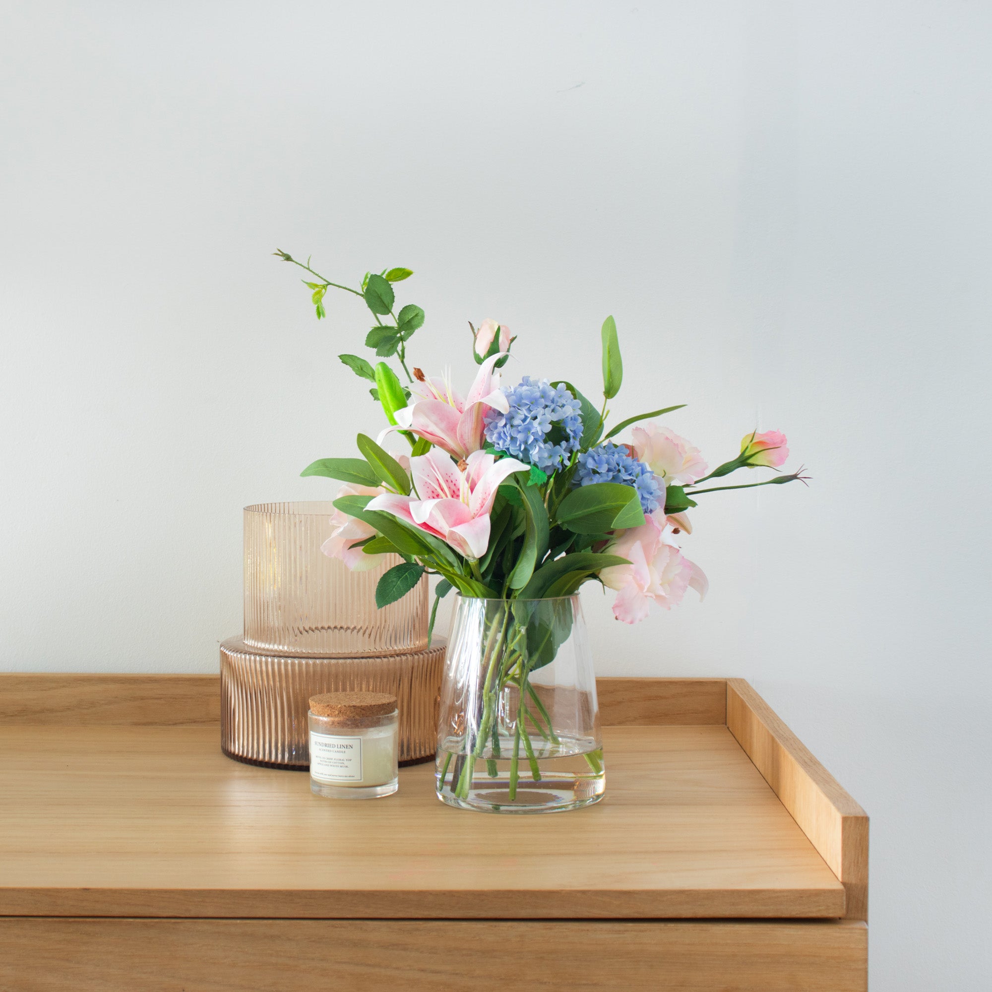 46cm Pink Lily & Blue Snowball Arrangement