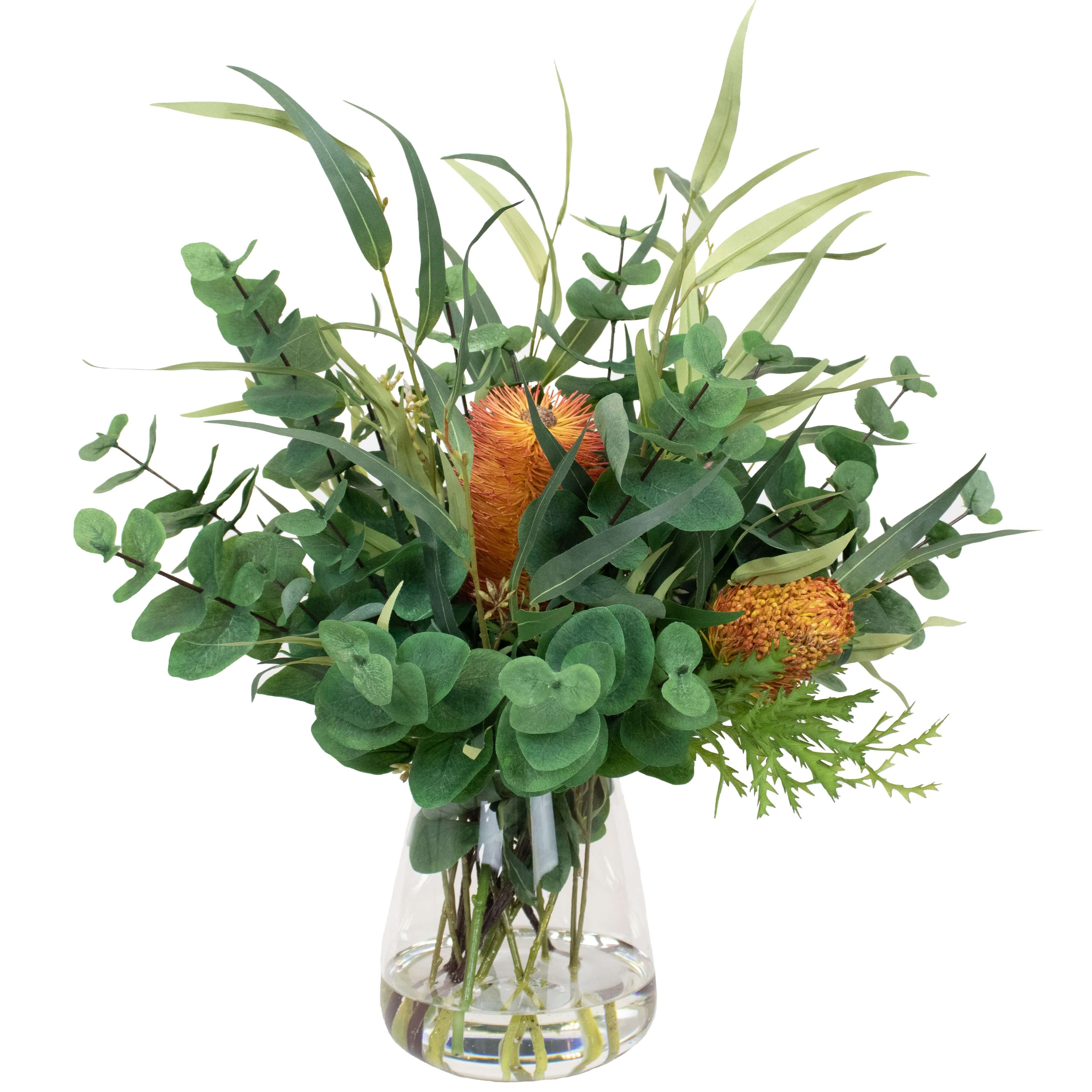 Artificial flowers and leaves in a fake flowers arrangement