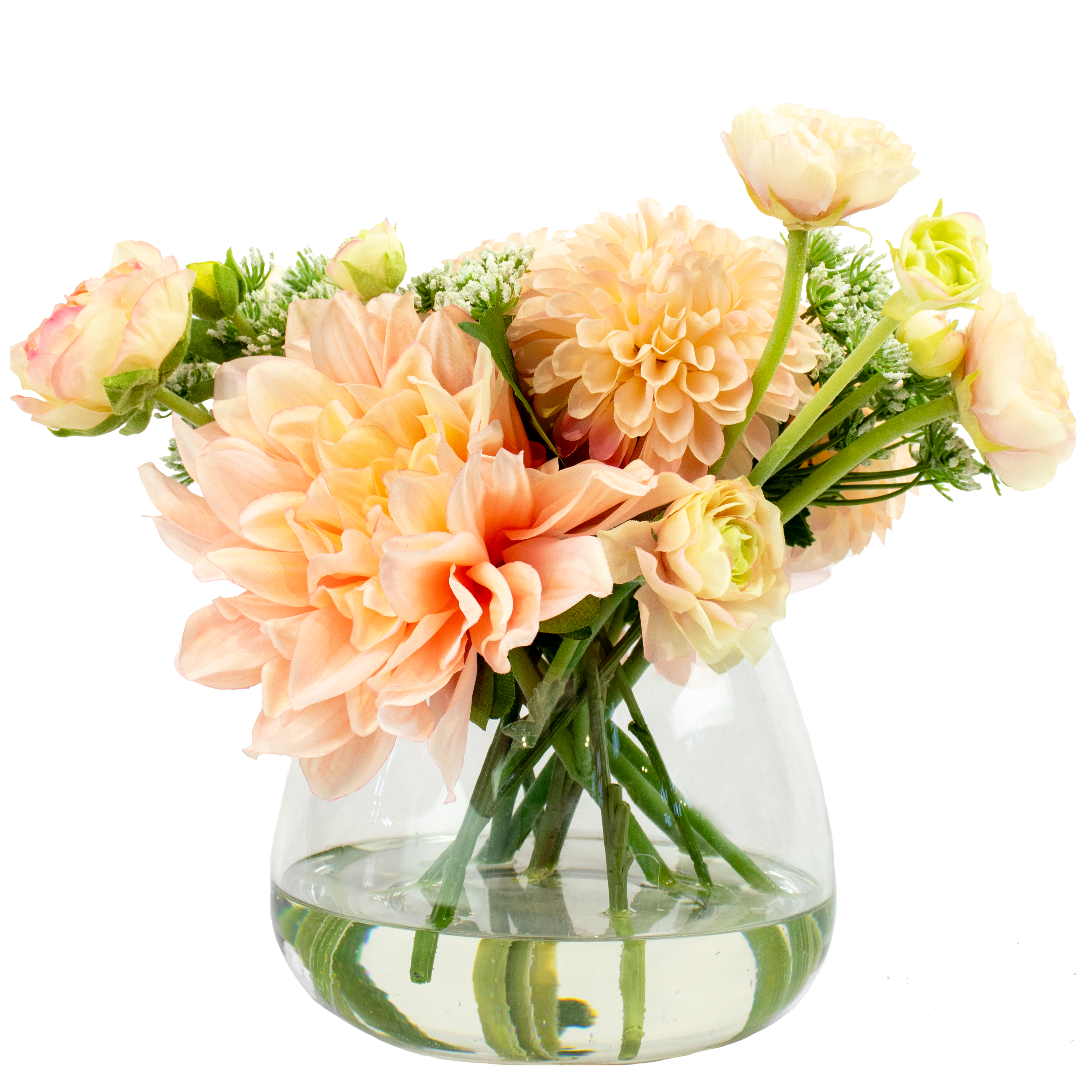 33cm Faux Peach Dahlia, Ranunculus & Mum Arrangement