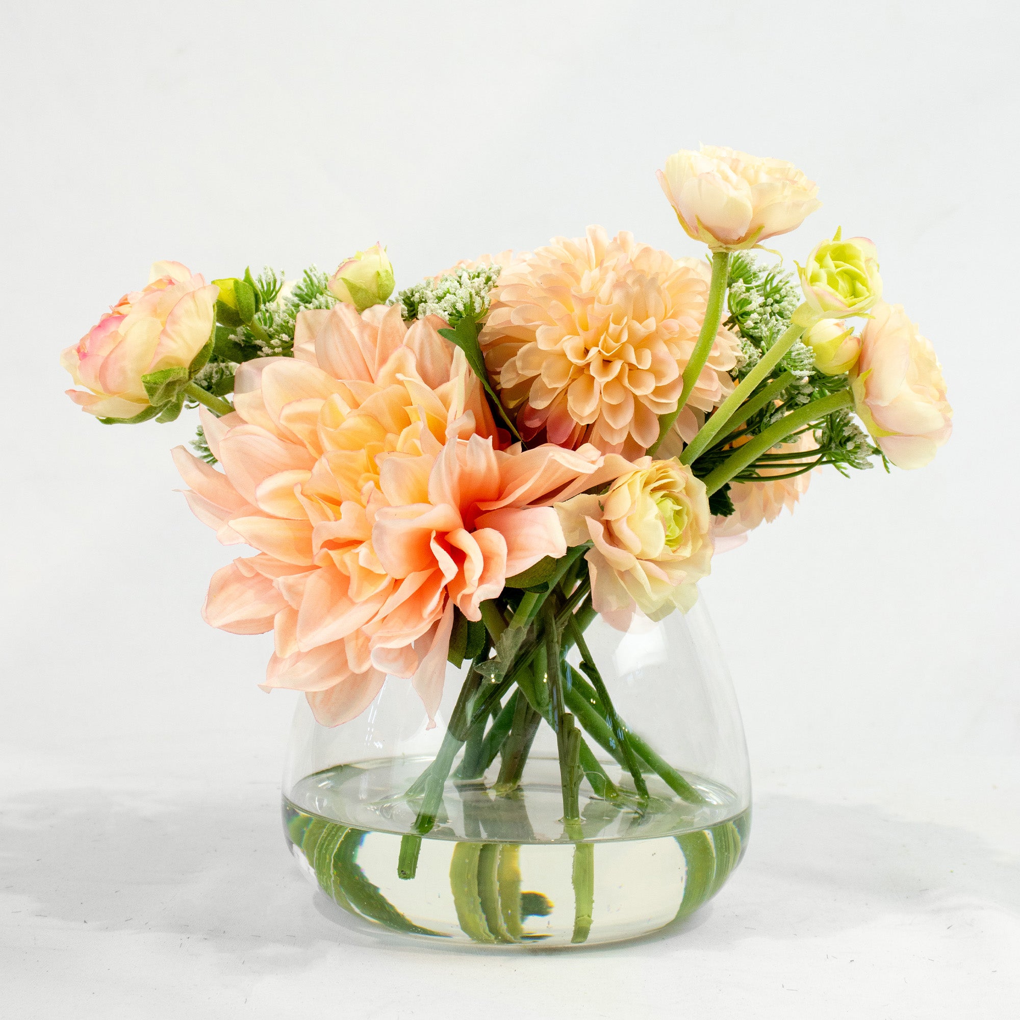 33cm Faux Peach Dahlia, Ranunculus & Mum Arrangement