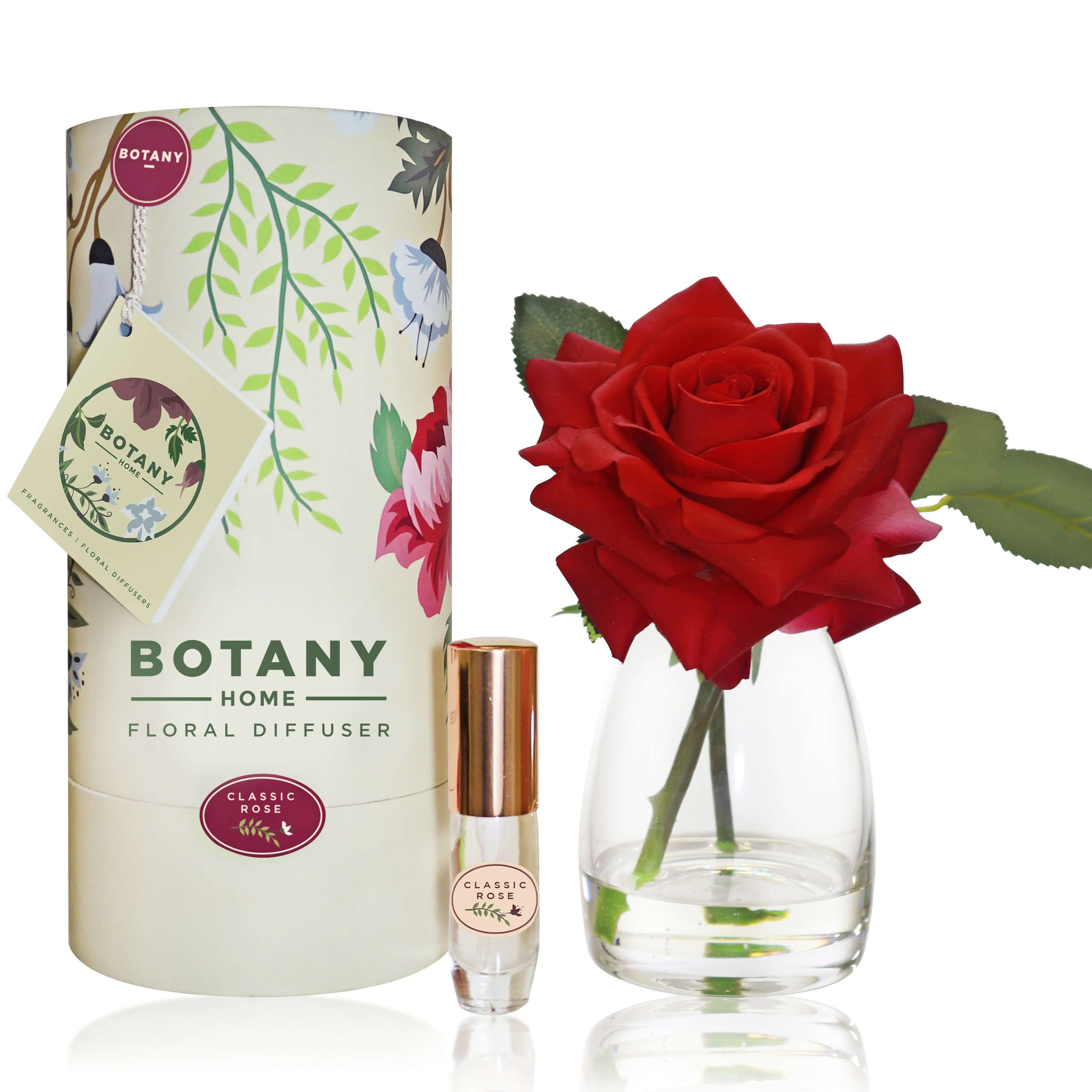 Artificial red rose flower box diffuser paired with a rose fragrance spray