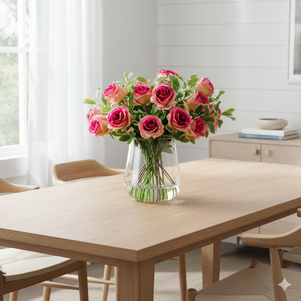 55cm Faux Fuchsia Rose & Foliage Arrangement
