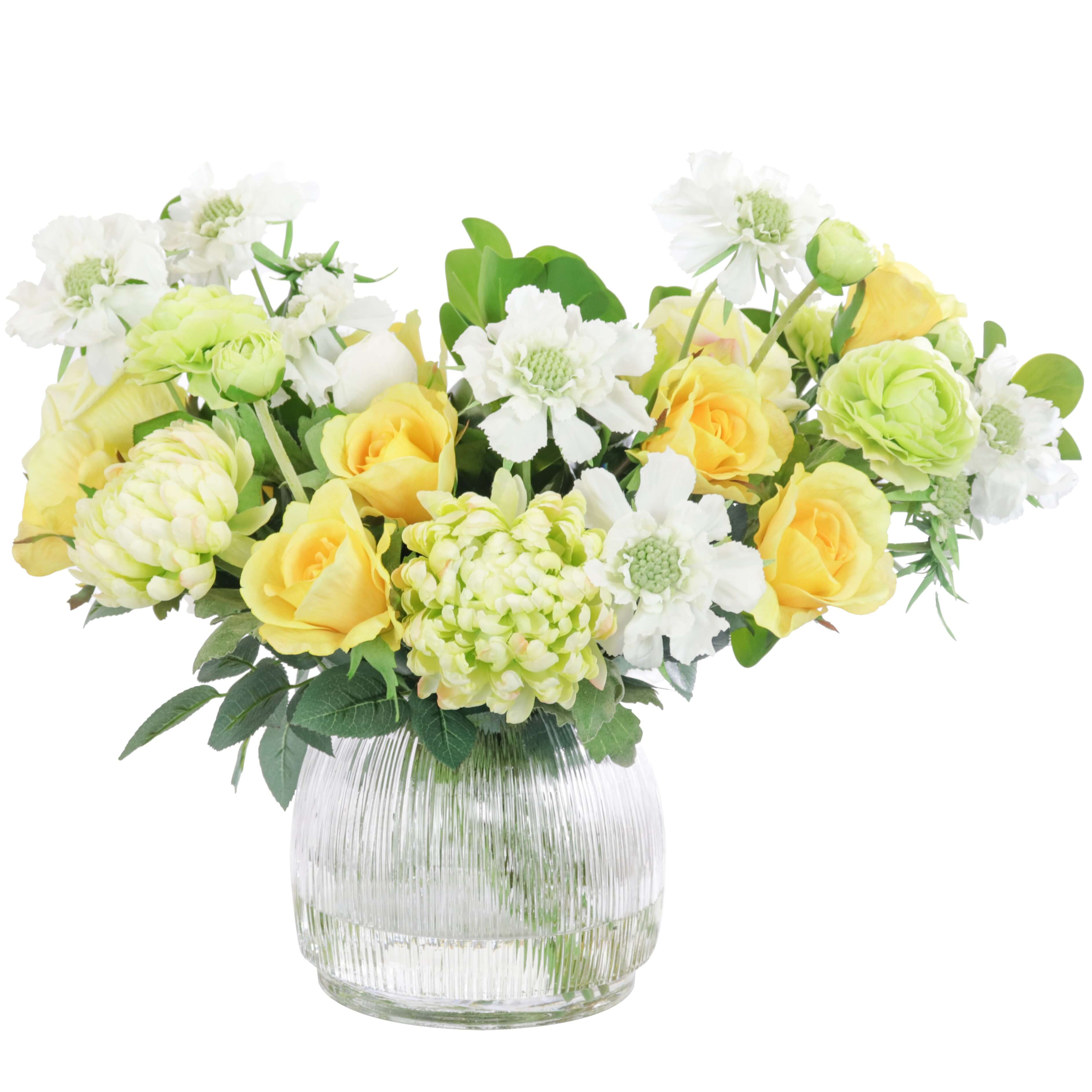 Artificial rose flower arrangement in glass vase