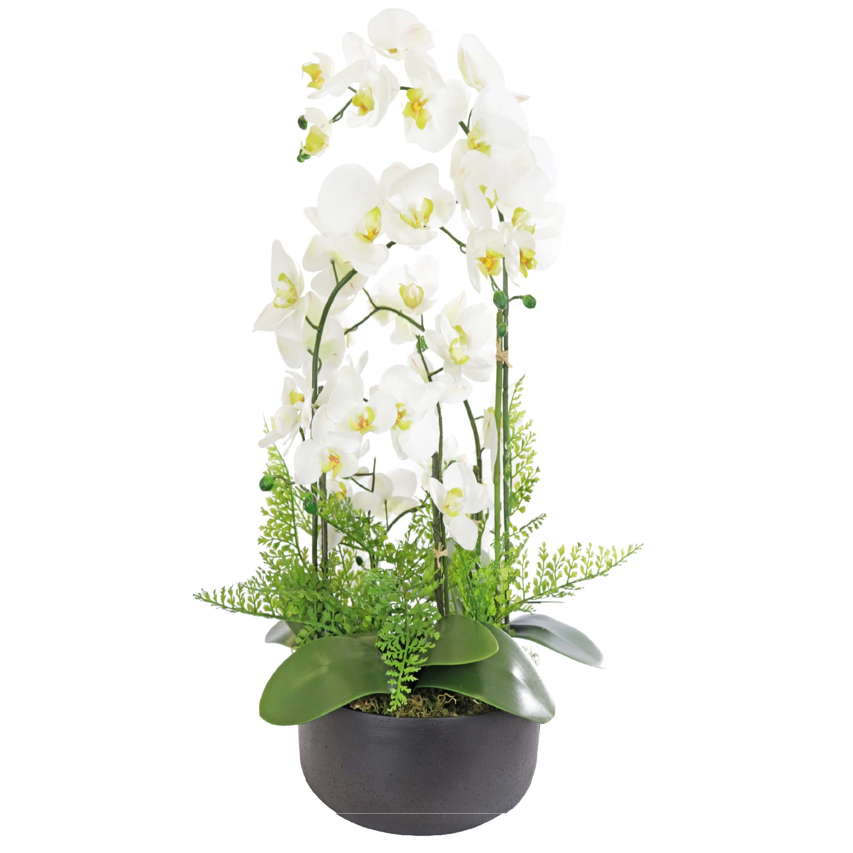 Deluxe fake orchid plant in dark ceramic pot