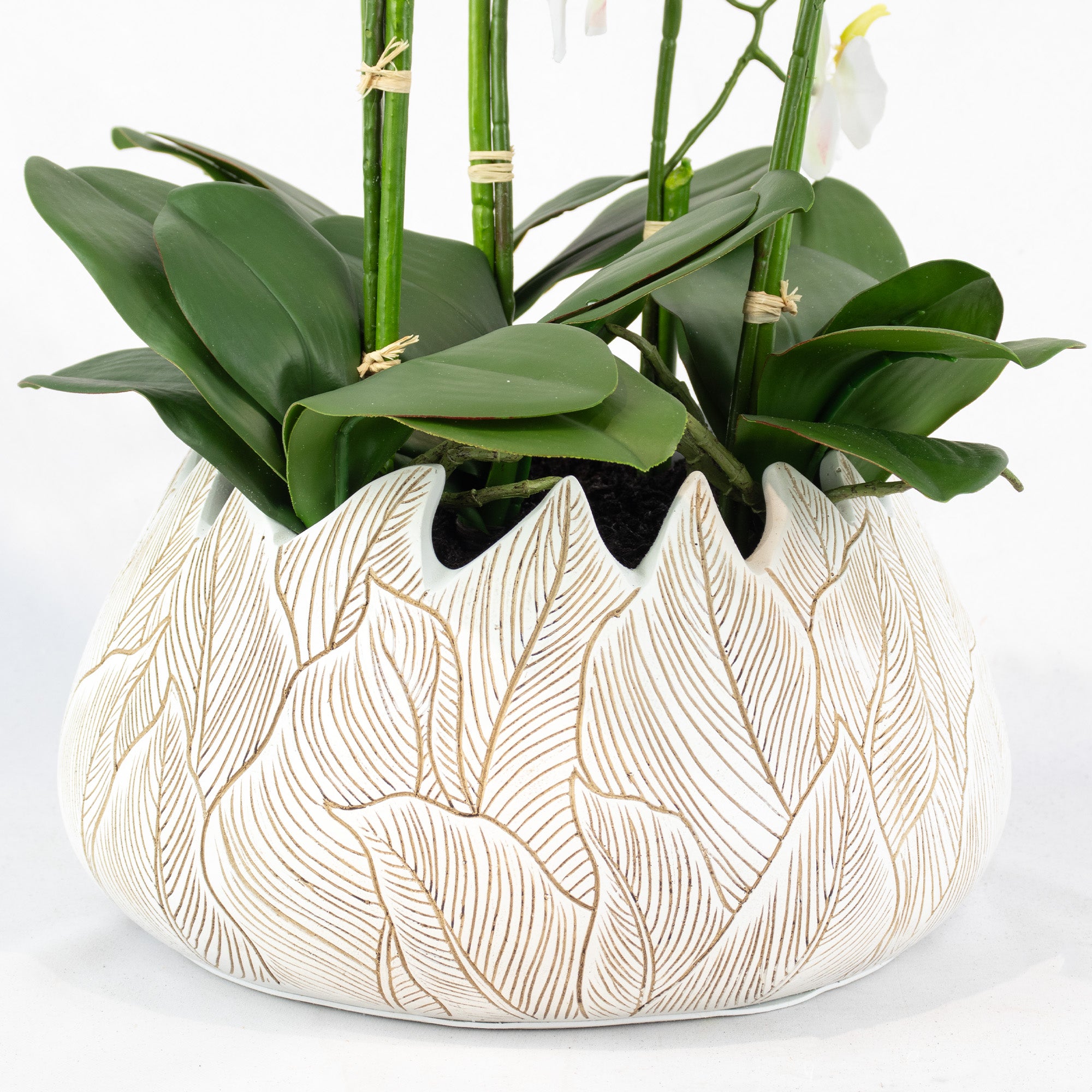 55cm Faux White Orchid Plant in Ceramic Leaf Planter