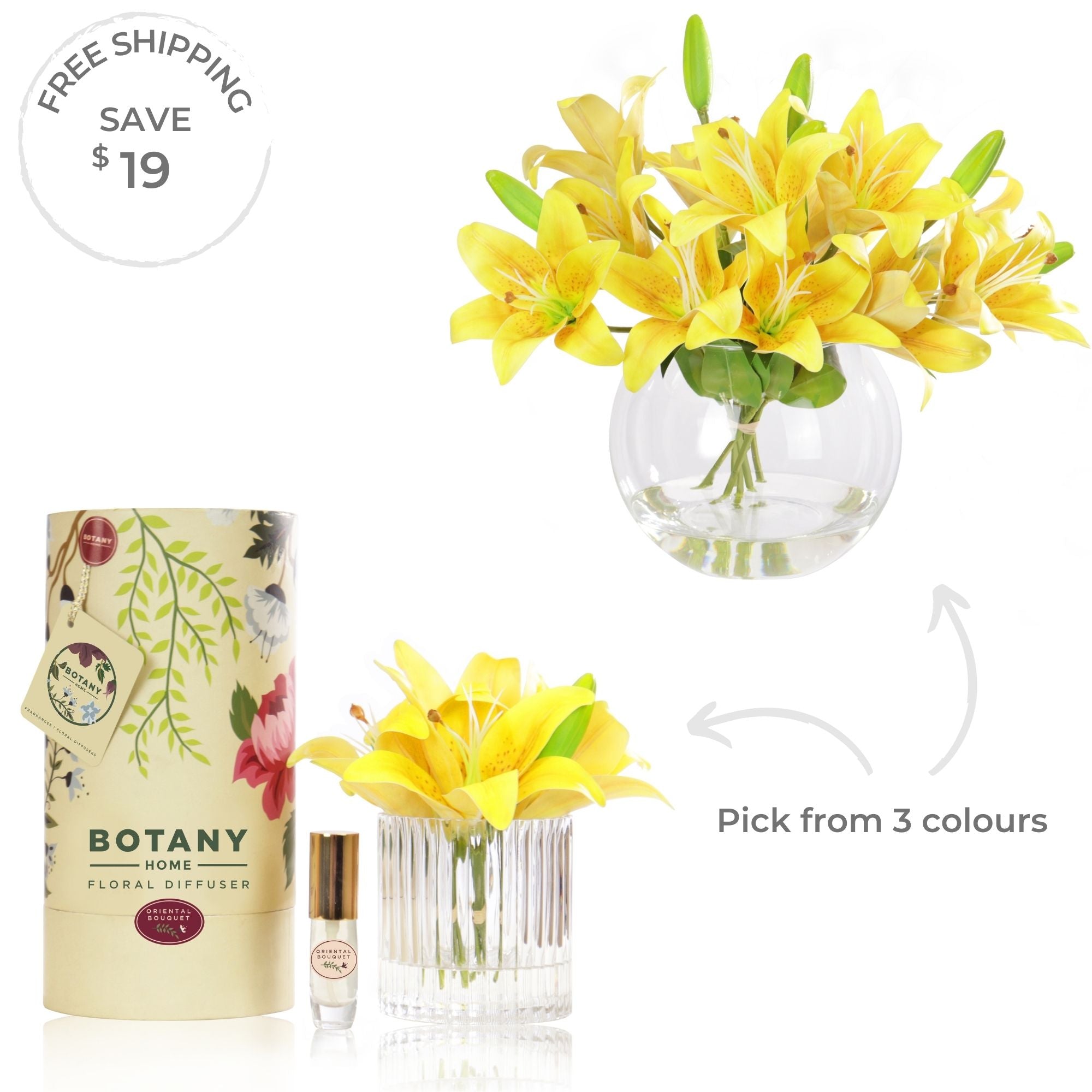 Fake yellow lily arrangement and fragrance bundle set