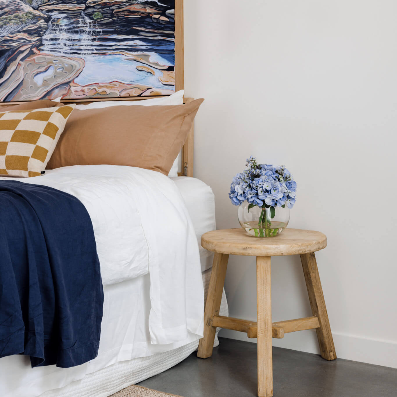 Artificial Blue Hydrangea Arrangement on bedside table