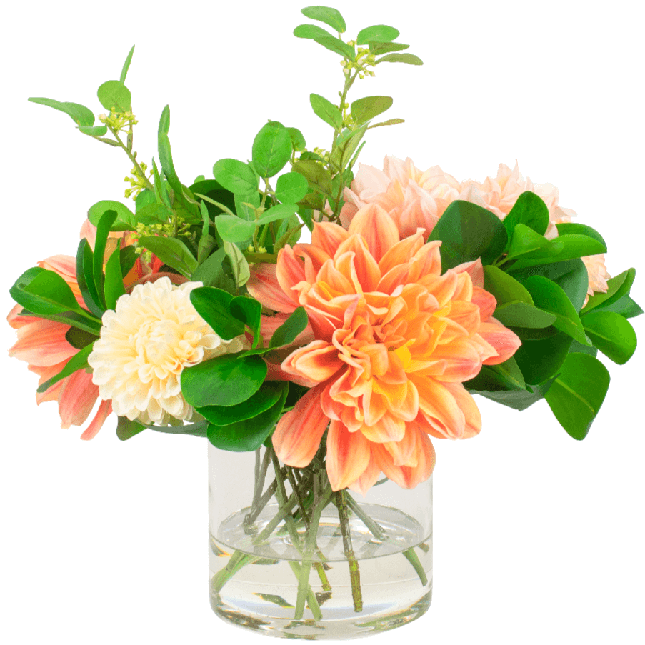 artificial dahlia flower arrangement in glass vase