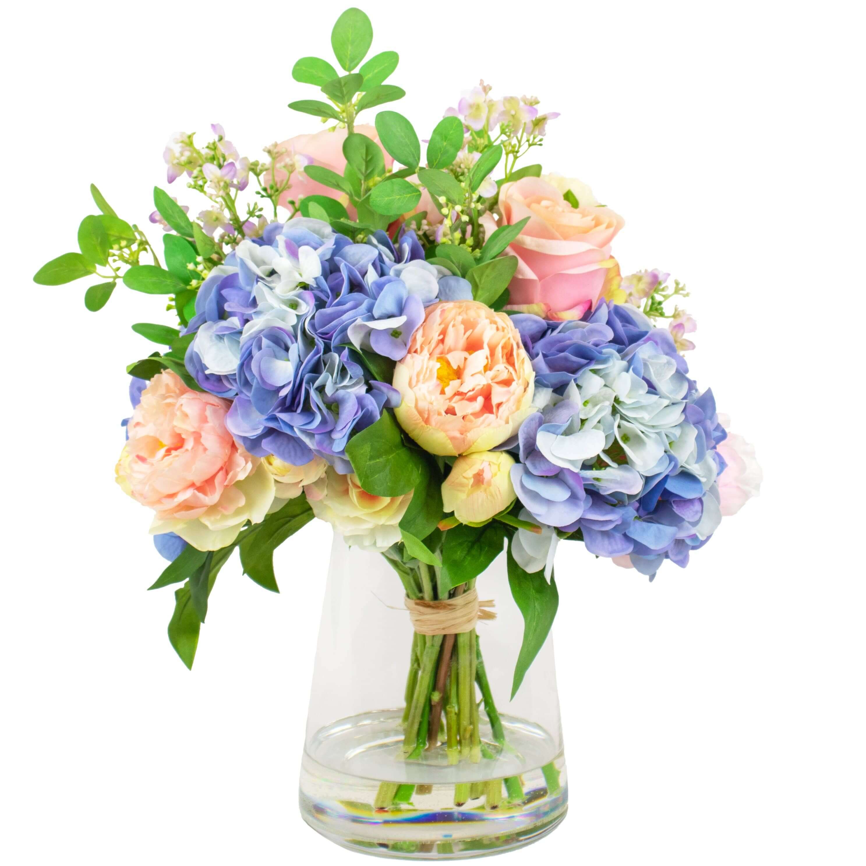 Artificial flower arrangement with fake peony flowers