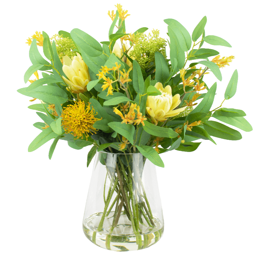 artificial kangaroo flower arrangement set in a glass vase