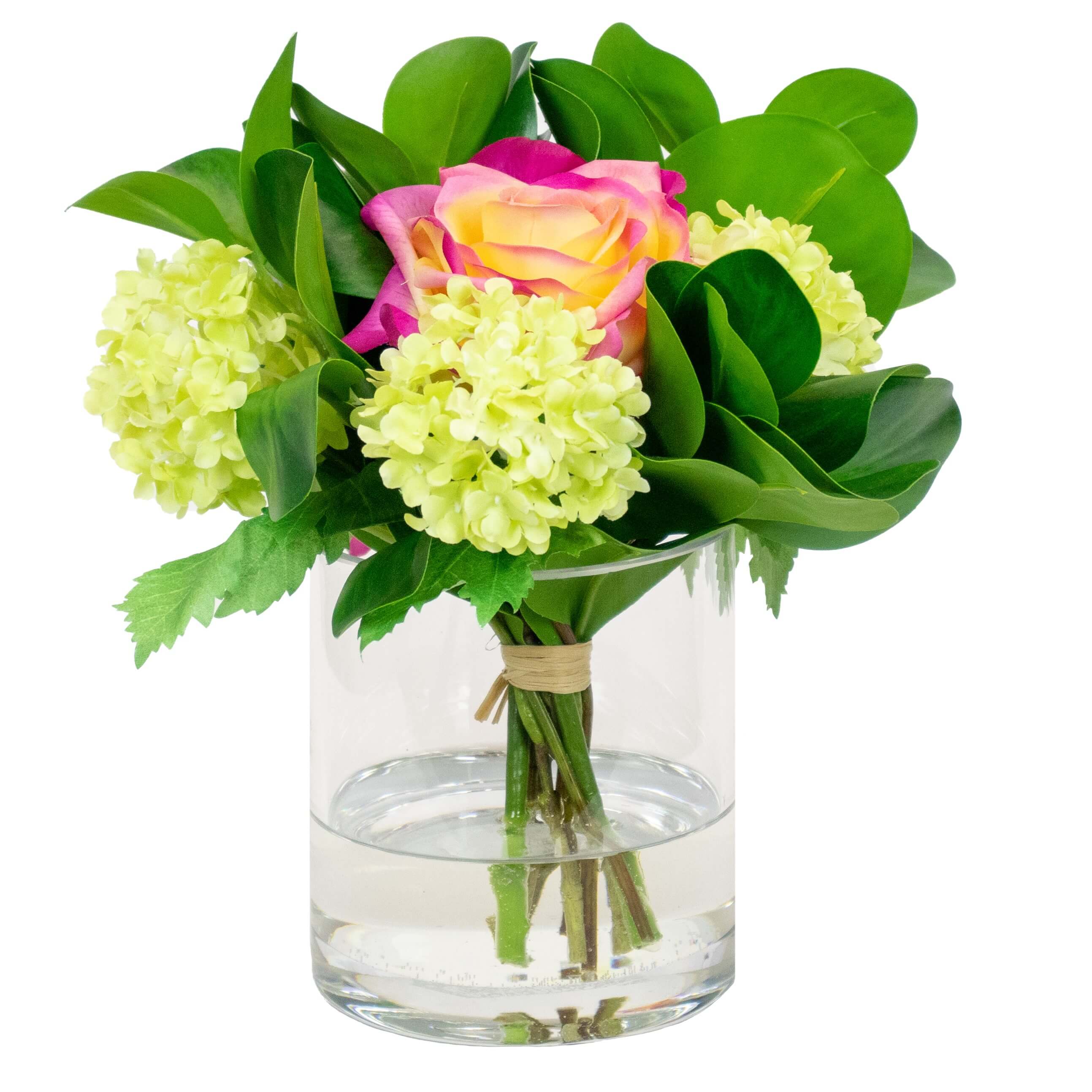 Artificial flower arrangement using roses and faux greenery