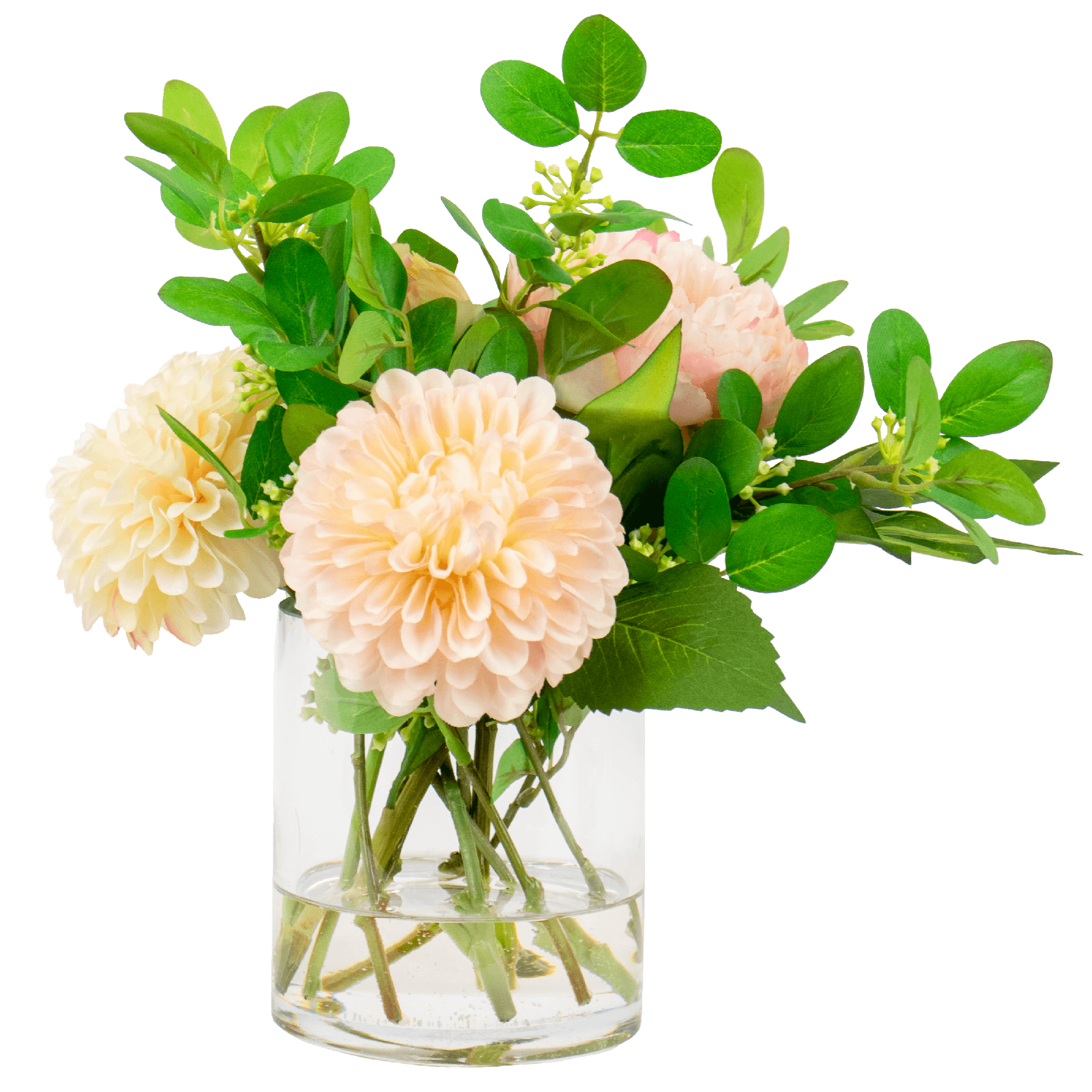 artificial peony flower arrangement set in glass vase