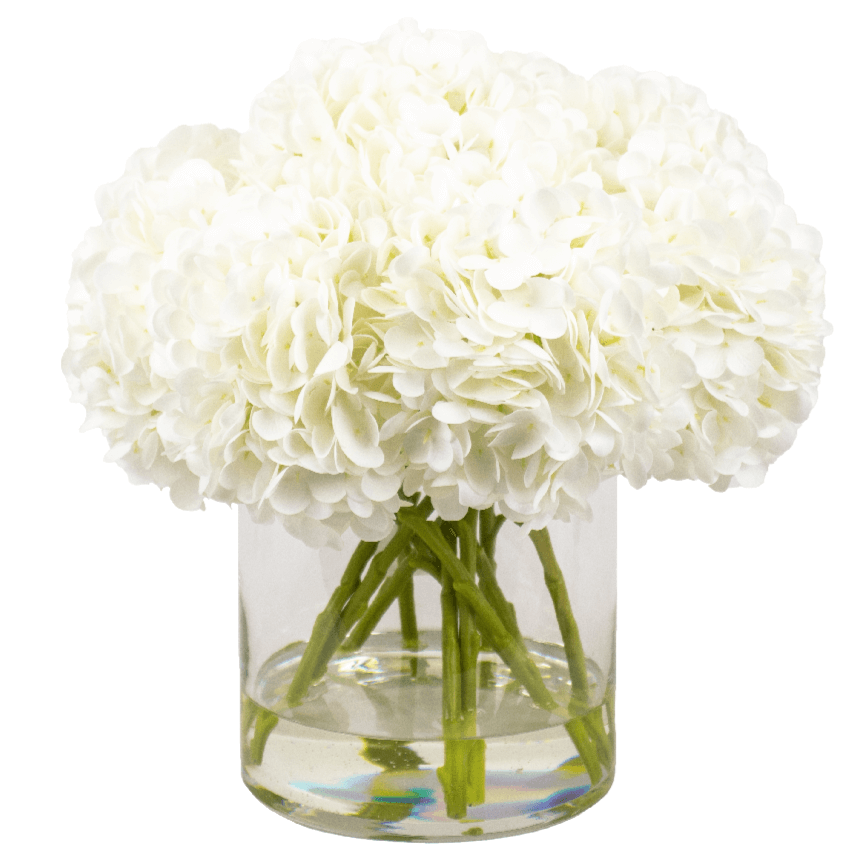 fake hydrangea flower arrangement in glass vase