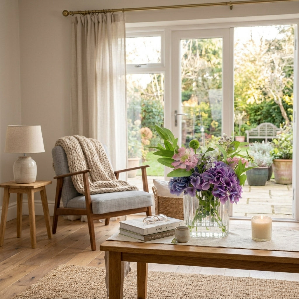 50cm Faux Purple Hydrangea & Scabiosa Arrangement