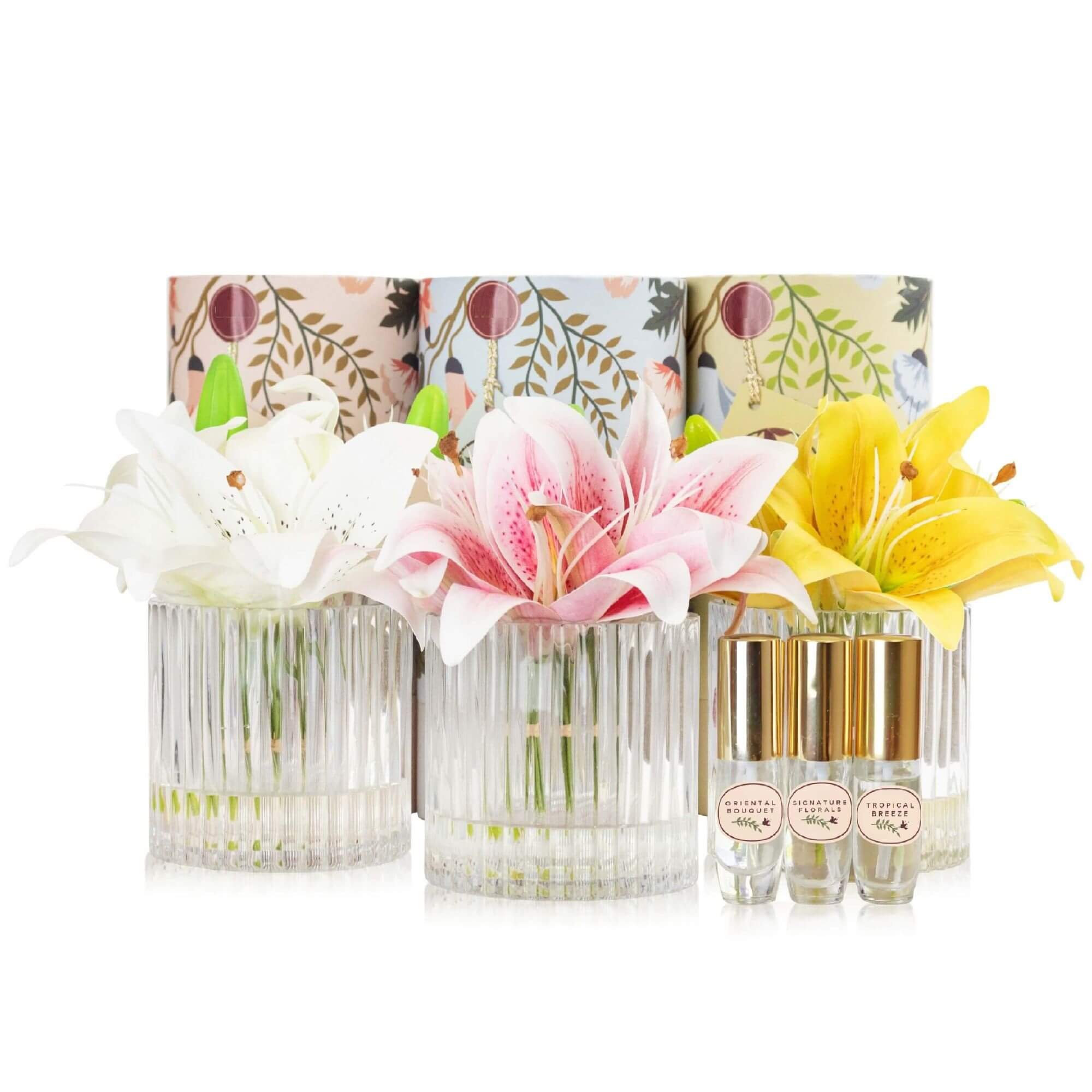 Artificial lily flower arrangements with floral perfume spray