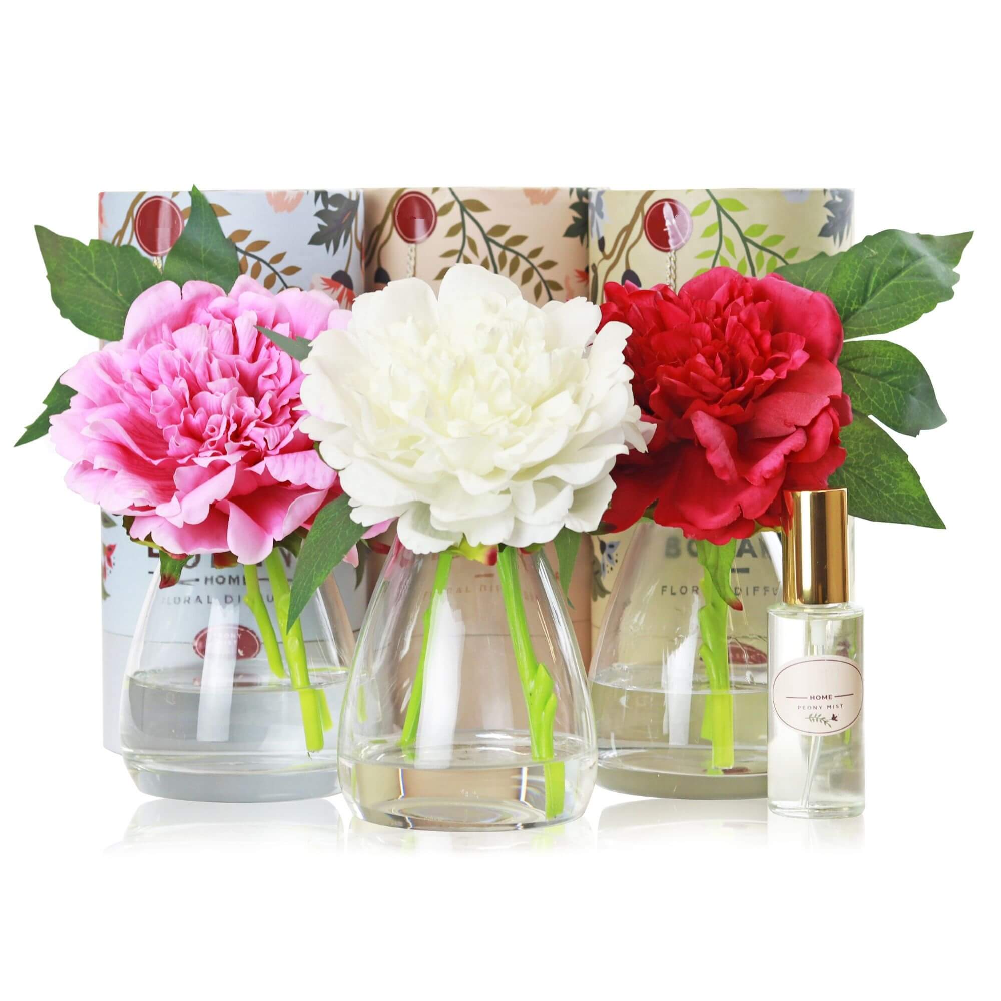 A set of 3 artificial Peony arrangements sold as a bundle paired with floral fragrances