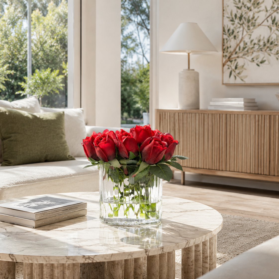 Living room with a round marble coffee table featuring a vase of red roses, a couch, and a sideboard.